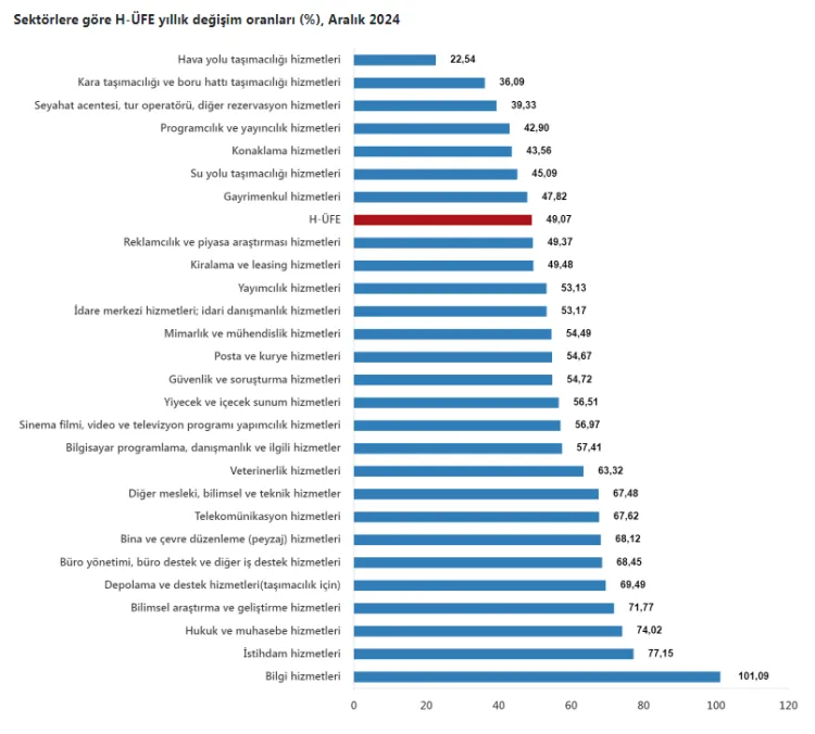 2024 yılında sektörlere göre Hizmet Üretici Fiyat Endeksi (H-ÜFE)’nde en