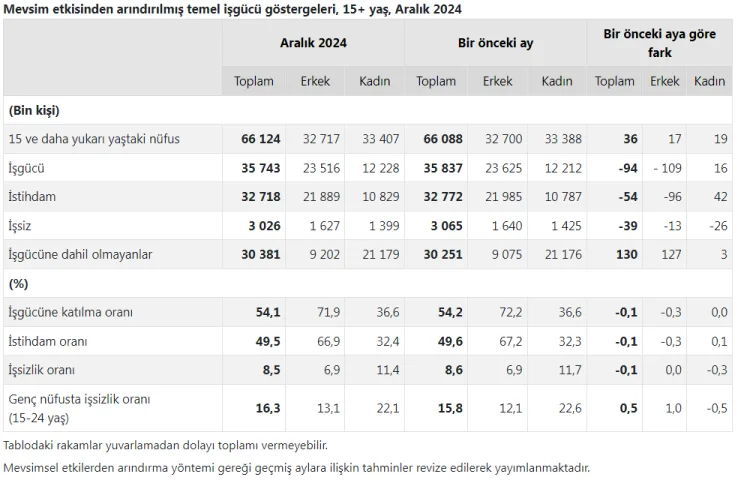 TÜİK’in açıkladığı 2024 yılının son ayına ilişkin İşgücü İstatistikleri’ne göre