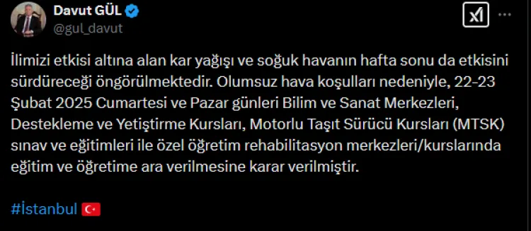 İstanbul’da etkisini sürdüren kar dolayısıyla iki gündür Valilik kararıyla okullar