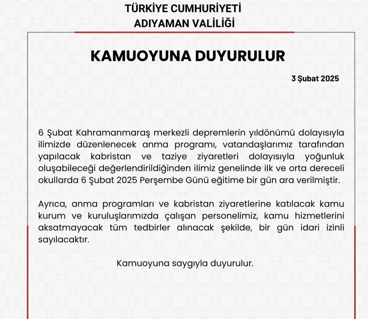 Adıyaman Valiliği, 6 Şubat 2023’te yaşanan depremlerin yıl dönümü dolayısıyla