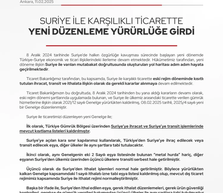 Suriye ile karşılıklı ticarette yeni düzenleme yürürlüğe girdi. İlk olarak