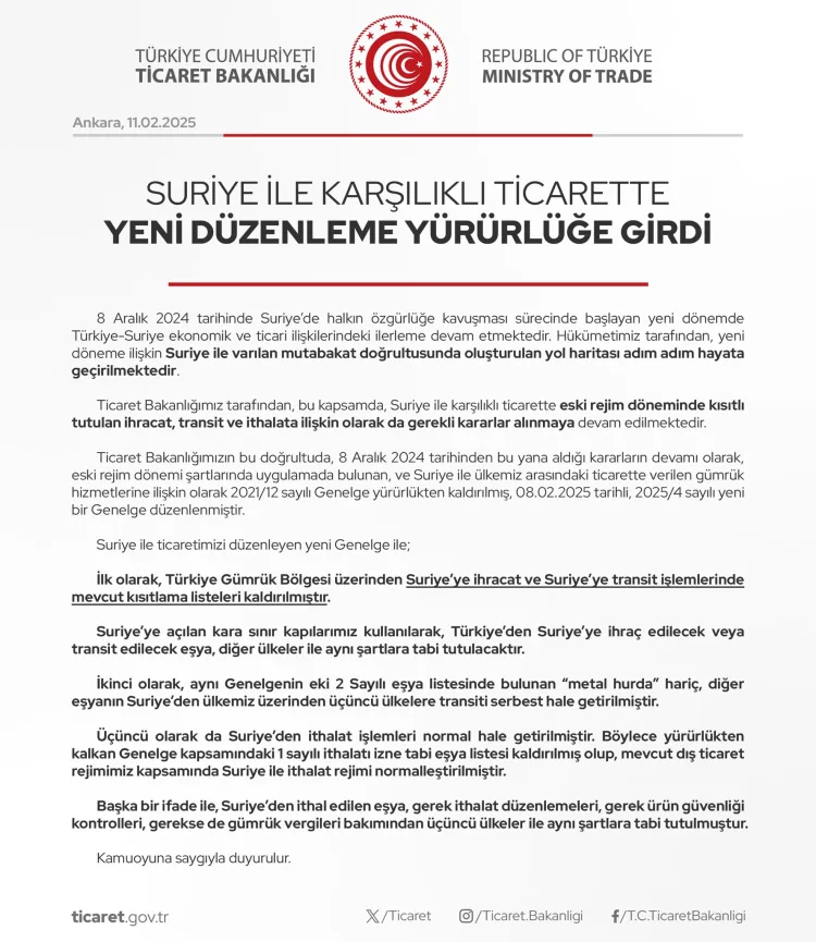 Suriye ile karşılıklı ticarette yeni düzenleme yürürlüğe girdi. İlk olarak