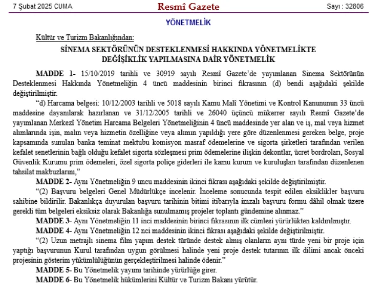 Kültür ve Turizm Bakanlığı, Sinema Sektörünün Desteklenmesi Yönetmeliği’nde değişiklik yaparak