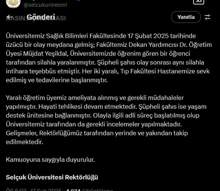 Konya’da Selçuk Üniversitesi Sağlık Bilimleri Fakültesi’nde yaşanan üzücü olayda Dekan