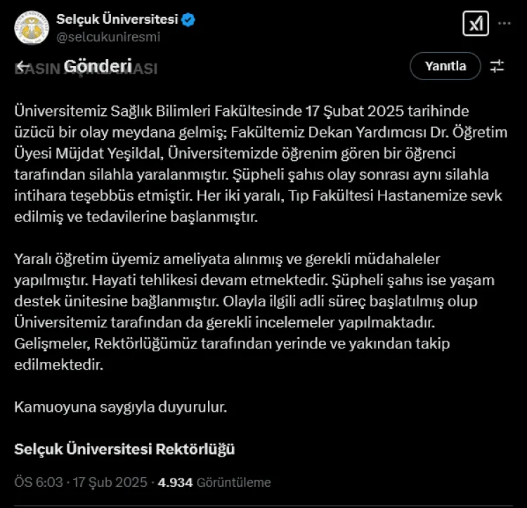 Konya’da Selçuk Üniversitesi Sağlık Bilimleri Fakültesi’nde yaşanan üzücü olayda Dekan