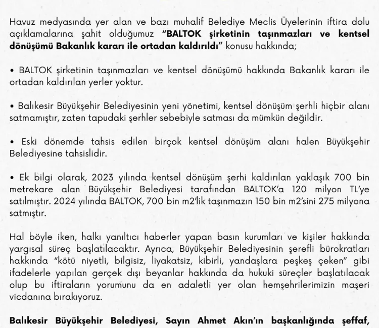 Balıkesir Büyükşehir Belediyesi, BALTOK iddialarına yanıt verdi. BALIKESİR (İGFA) – 