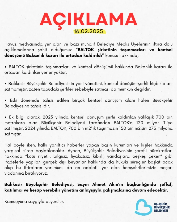 Balıkesir Büyükşehir Belediyesi, BALTOK iddialarına yanıt verdi. BALIKESİR (İGFA) – 