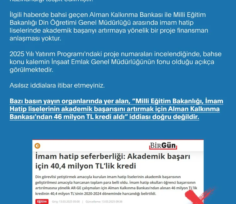 Bazı basın yayın organlarında yer alan, “Millî Eğitim Bakanlığı, İmam