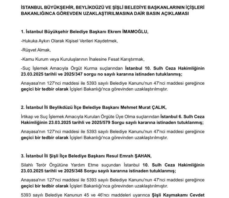 İçişleri Bakanlığı, yolsuzluk ve terör suçlarından hakim karşısına çıkan İstanbul