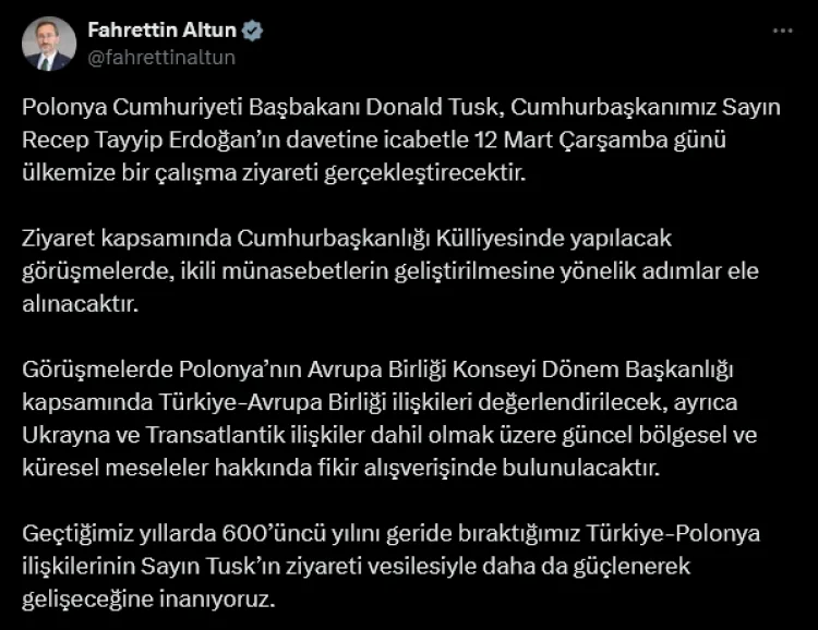 Polonya Cumhuriyeti Başbakanı Donald Tusk, Cumhurbaşkanı Erdoğan’ın daveti üzerine 12