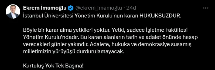 İstanbul Üniversitesi’nin İstanbul Büyükşehir Belediye Başkanı Ekrem İmamoğlu’nun diplomasının iptal