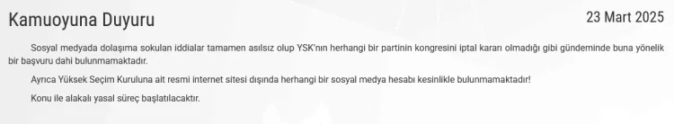 CHP’nin olağanüstü kurultay kararının Yüksek Seçim Kurulu’nca iptal edildiğine dair